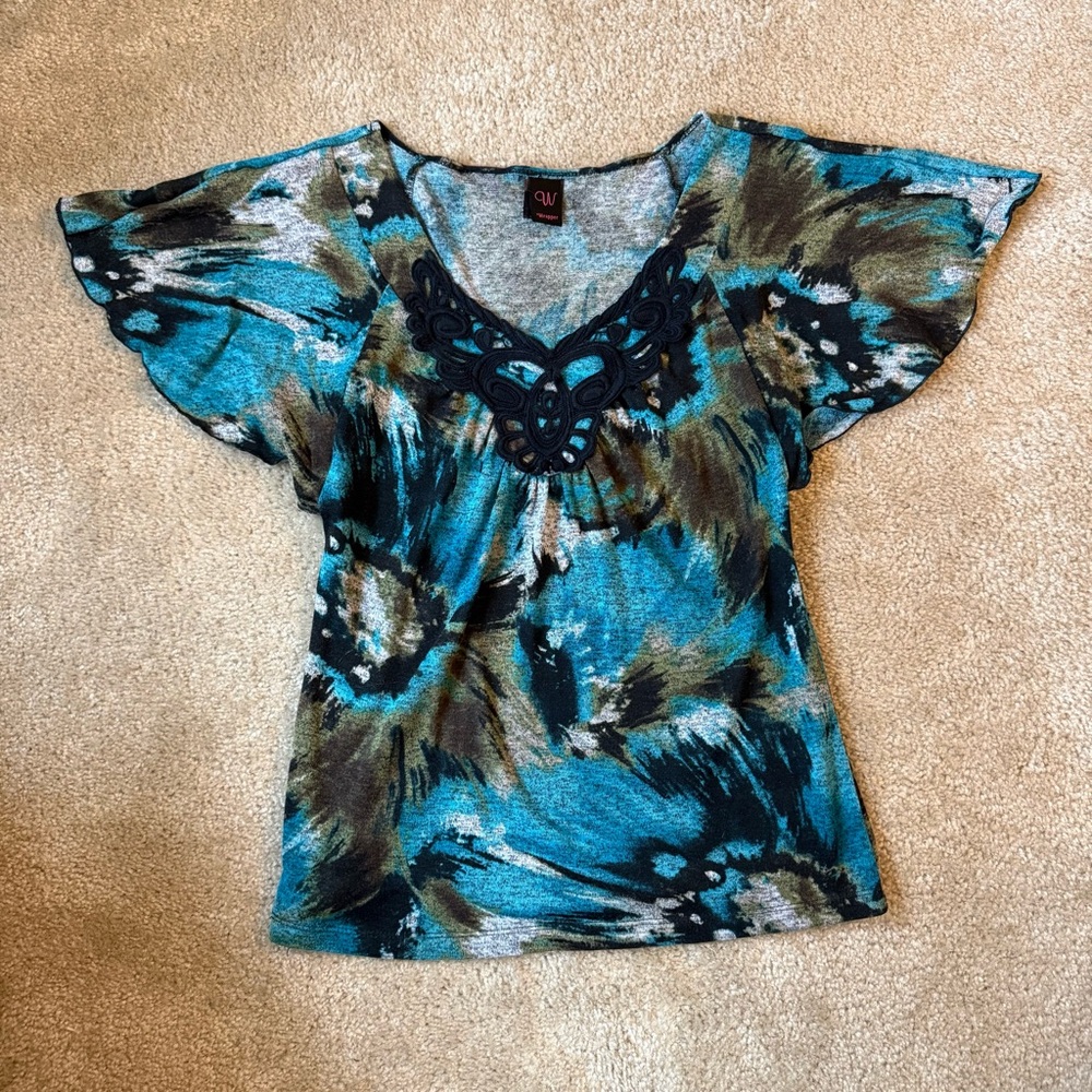 Womens M Y2K Blue v neck flowy top with butterfly sleeves: 70s fairy hippie